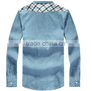 Latest 100% Cotton Light Blue Dot Denim Cowboy Long Sleeve Casual Shirt for Men With One Pocket thumbnail-3