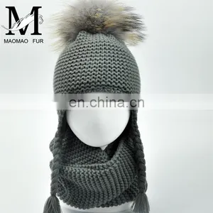 Kids Customized Design Wool Collar Raccoon Fur Pom Cashmere Knitted Hat and Scarf thumbnail-1