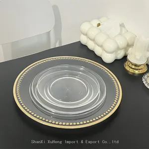 China Wholesale Gold Beaded Rim Clear Charger Plates Plastic Luxury Wedding Dinner Dishes thumbnail-1
