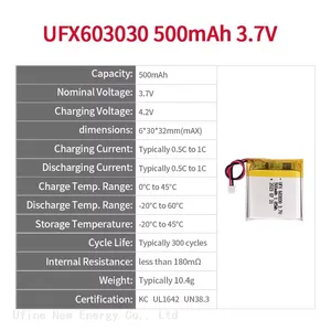 3.7V Lithium Ion Battery for Sale UFX 603030 500mAh Contains Multiple Certifications thumbnail-2