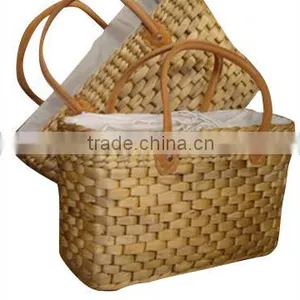 High Quality Best Selling Natural Water Hyancinth Lady Handbag With Leather Handle From Vietnam thumbnail-1