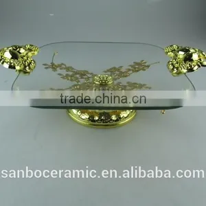 Hanging Crystals Cake Stand, Rectangle Golden Glass Cake Plate With Footed and Handle thumbnail-2