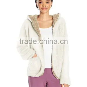Sherpa Fabric Reversible Cardigan Jackets 100% Polyester Women's Pockets Hooded Open Front Plush Sherpa Cardigan thumbnail-2