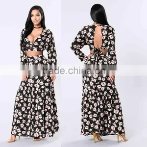 100% Rayon Floral Matching Set Long Sleeve V Neckline Open Back Crop Top and Maxi Skirt Set thumbnail-1
