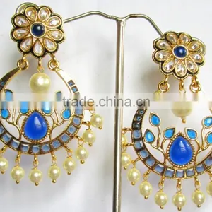Gold Plated DANGLER BLUE WHITE PEARL CHAND BALI Earrings thumbnail-2