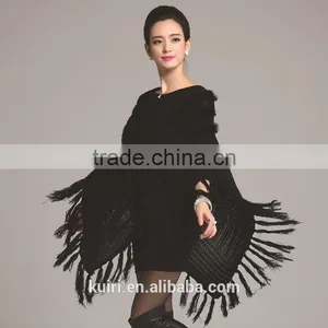 New 2015 Women Genuine Rabbit Fur Shawl Black Good Quality Real Fur Poncho Female Fashion Fur Shawl With Tassel thumbnail-1