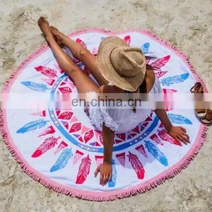 Printed Velour %100 Cotton Round Beach Towel With Polyester Fringes thumbnail-6
