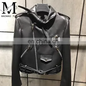 Handsome Motorcycle Spring Jacket Short Leather Zipper Jackets Leather for Women thumbnail-5