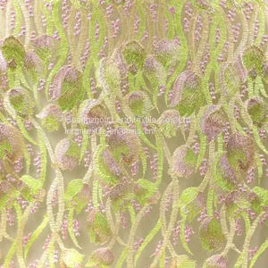 China Factory Nigeria Green Flower Embroidered Mesh Lace Fabric for Women thumbnail-1