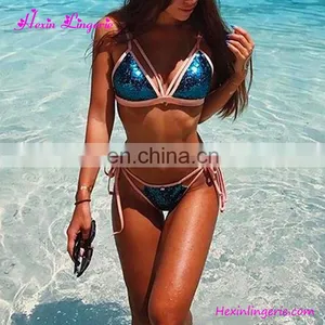 Wholesale 3 Colors Fashion Blue Beach Set Sequins Tie Bikini Swimwear thumbnail-4