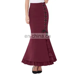 Belle Poque Womens High Stretchy Nylon-Cotton Vintage Retro Ruffled Fishtail Mermaid Victorian Style Wine Long Skirt BP000203-3 thumbnail-1