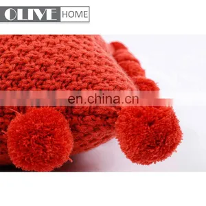 2018 Fashion Sofa Decorative Handmade Plain Acrylic Knitted Cushion Cover With Pompom thumbnail-6