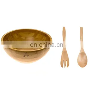 Biodegradable Antique Natural Bamboo Fiber Wooden Salad Mask Fruit Round Yellow Rice Bowl With Fork and Spoon Set thumbnail-3