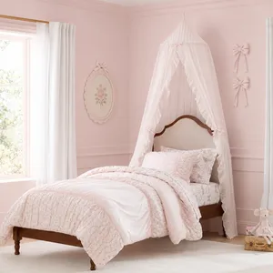 Kids Bed Canopy With Ruffles, Pastel Neutral Color for Boys & Girls, Frilled Cotton Tent Nursery Room Baby Crib Hanging Curtain Mosquito Netting thumbnail-4