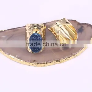 Gold Plated Natural Blue Agate Titanium Druzy Ring Freeform Drusy Gemstone Geode Jewelry Ring thumbnail-2