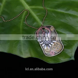 2015 Yiwu Fashion Imitation Jewelry Hot Sale Steampunk Necklace Dog Tag Gear Steam Flower Pendant Cameo Statement Necklace thumbnail-2