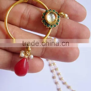 HOOP NATH Press NOSE RING GOLD PLATED KUNDAN RED GREEN thumbnail-2