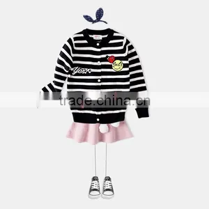 S60600B Girl Stripe Sweaters Cartoon Patch Girls Cardigan Cotton Outerwear thumbnail-1