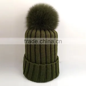Myfur Custom Fox Fur Pom Pom Winter Knitted Beanie Hat for Adults thumbnail-1