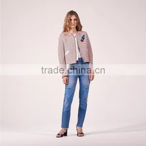 Ladies Cotton Leisure Style Striped Collarless Sequinned Patches Spring Jackets thumbnail-2