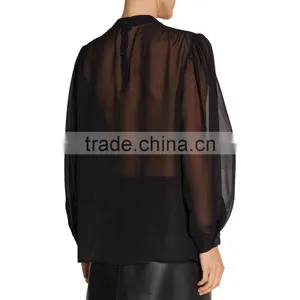 New Model Embroidery Patch Back Neck Elegant Design Long Sleeve New Women Blouses Design Chiffon Blouse thumbnail-2