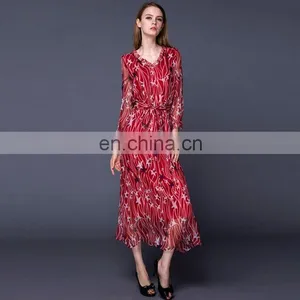 Star Patterned Fashionable Long Sleeve Red Chiffon Long Dress With Waistband thumbnail-1