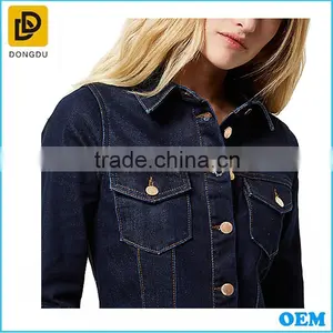 OEM Western Style Lady Long Sleeve Dark Blue Denim Button Up Thick Shift Cotton Winter Dress thumbnail-3