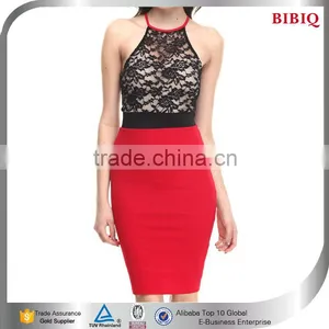 Party Club Ladies Career Dress Sexy Nude Mesh Lace Pattern Red Black Patchwork Asian Suits thumbnail-1