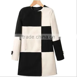 2015 European Style Women's Contrast Color Grid Woolen Coat thumbnail-1