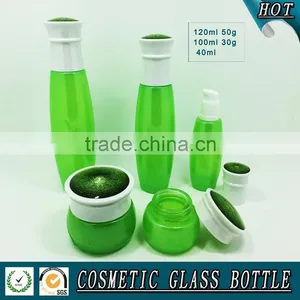Luxury Cosmetics Packaging Green Colored Cosmetic Glass Bottle and Face Cream Jar thumbnail-2