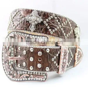 2016 New Design Western Rhinestone Leather Belt With Crystals Circle Chains and Studs Embedded thumbnail-3