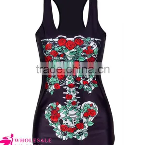 Wholesale Black Cool Womens 3D Flower Skeleton Printed Tank Top BX147 thumbnail-5