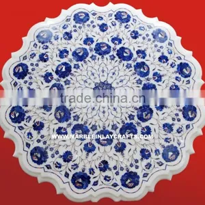 Round White Marble Inlay Dining Table Top thumbnail-1
