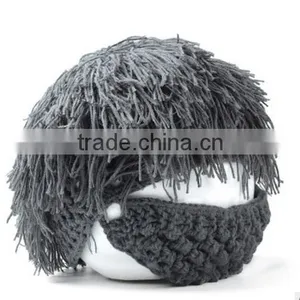 Men Barbarian Knit Crochet Hat Mad Scientist Wig Mustache Cap Beard Hat thumbnail-1