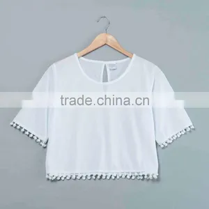 Pompon Crop Top T-shirt Sublimation Blank. no Minimum Qauntity Real Factory . Sublimation Blank thumbnail-1
