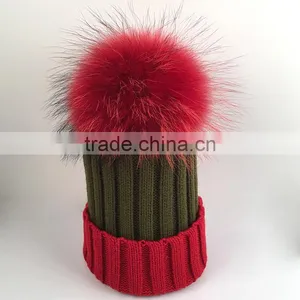Myfur Hot Sale Christmas Adults Size Raccoon Fur Pom Pom Knitted Beanie Hat thumbnail-1