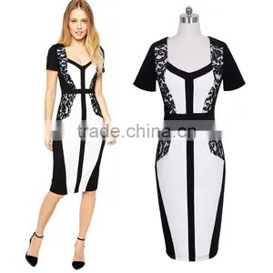 2016 Designed for Fashion Embroidery Lace Women Pencil Dress Short Sleeve Stripe Ladies' Dress OEM thumbnail-1