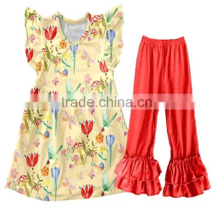 CH00300YIWU BOYA Cotton Milk Silk Ruffle Dress Kids Clothes Yellow Flower Prints Wearing Boutique Dresses thumbnail-1