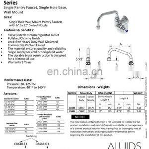Pantry Faucet With Single Hole Base Wall Mount Swing Nozzle Length 6