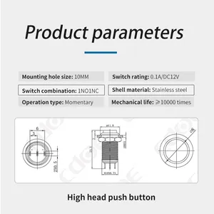 10mm Metal High Round Head 1 Normally Open and 1 Normally Close Electrical Button Momentary thumbnail-3