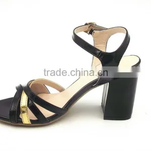 Color Matching Thick Heel Italian Leather Middle Heel Sandals Ladies Gold With Black thumbnail-4