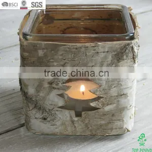 Natural Material Wooden Birch Bark Glass Candle Holder thumbnail-1