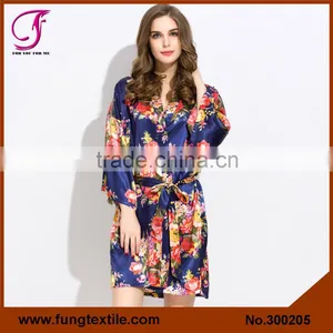 FUNG 3002 Ladies'Knee Length Floral Black Satin Robe thumbnail-6