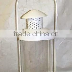 White Metal Lantern With Clear Glass Cylinder thumbnail-1