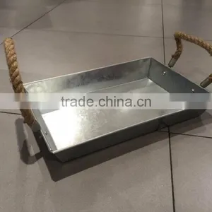 Rope Handle Antique Metal Serving Tray Rectangle Galvanized Serving Tray thumbnail-1