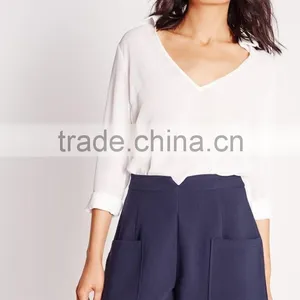 New Style Women Fancy Navy High Waist Pocket Tailored Shorts thumbnail-2