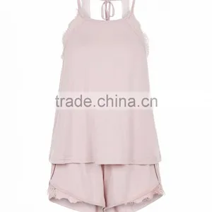 Custom Made Lace Trim Cami Women Pyjamas Round Neck Shell Pink Tie Back Lace Pyjamas Set Elasticated Shorts thumbnail-4