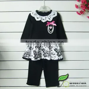 Cute Black White Flower Dress+leggings Clothing Sets Baby Outfits Girls Suits Lace Collar Dress Suits Kids Clothes thumbnail-1