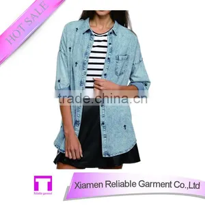 High Quality Long Style Casual Denim Blouse for Ladies thumbnail-1