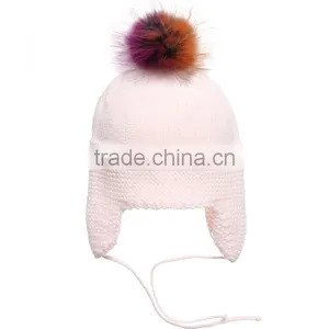 Myfur Factory Customized Kids Cotton Earflap Knitting Cap With Detachable Raccoon Fur Pom Pom thumbnail-2